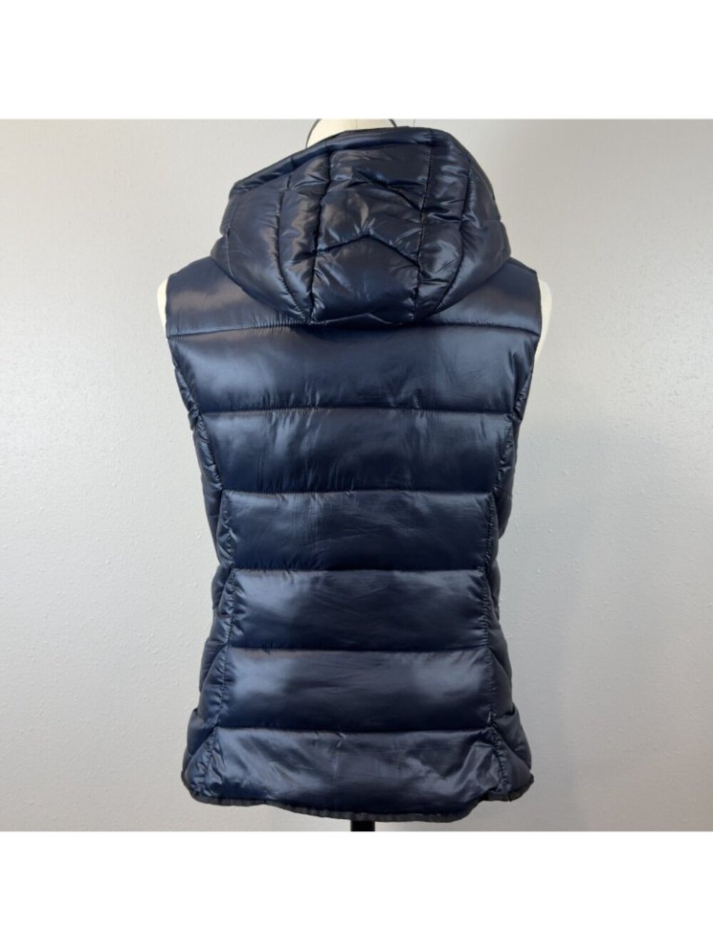 Zara Trafaluc Hooded Puffer Vest Womens Size S Blue Snap Zip Pockets Black Trim - Picture 2 of 16